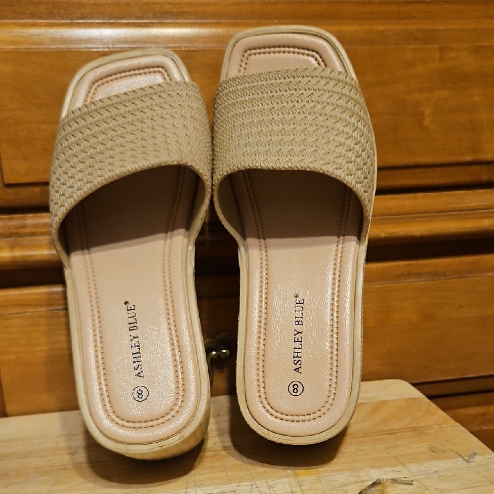 Ashley Blue Woven Beige Slide Sandals